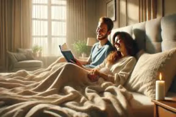 A smiling couple is relaxing in a cozy bed, with one person reading a book aloud while the other listens attentively. Soft sunlight streams through a nearby window, illuminating the warm and intimate scene.