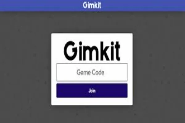 Gimkit login page with a game code input box and join button, centered on a dark grey background with a blue header.