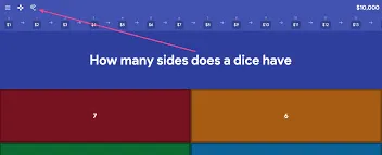A Gimkit game screen displaying the question "How many sides does a dice have" with two answer options visible: '7' in a red box and '6' in an orange box. A progress bar with question numbers is at the top, and a user interface icon is highlighted by a pink arrow.