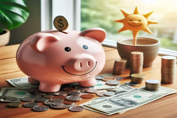 A smiling pink piggy bank receiving a dollar coin, surrounded by scattered US currency bills and various coins on a wooden table. A sun decoration in a pot and a window are visible in the bright background.