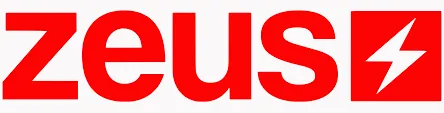 The Zeus Network logo, featuring the word "zeus" in white lowercase letters followed by a white lightning bolt icon on a solid red background.