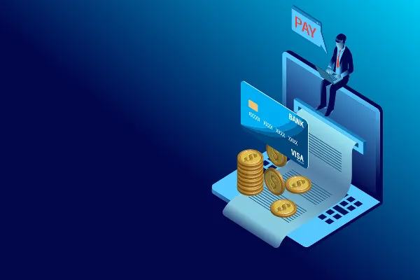 Isometric illustration of a person on a laptop making an online payment with a credit card and coins.