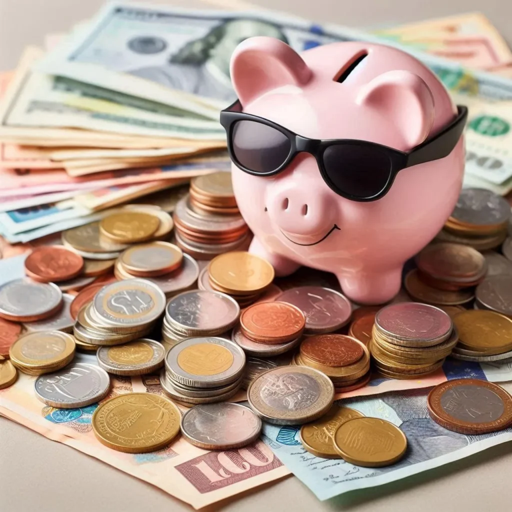 Pink piggy bank wearing sunglasses surrounded by coins and paper currency from around the world