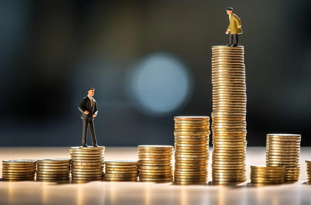 Two miniature figures standing on uneven stacks of gold coins, symbolizing income inequality or financial growth