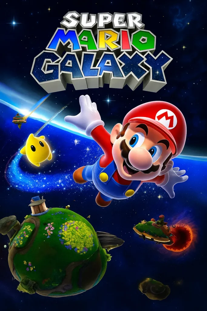 Mario reaching out mid-air in a cosmic setting with Luma and floating planets from Super Mario Galaxy.