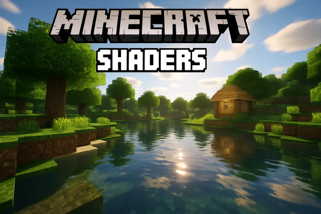 This image showcases the dramatic visual upgrade that Minecraft shaders provide. Sunlight streams through the trees, creating realistic shadows on the grassy terrain. The water reflects the sky and surrounding environment with impressive clarity, exhibiting ripples and depth. The sky is rendered with volumetric clouds that appear three-dimensional, while the overall lighting bathes the scene in a warm, inviting glow, highlighting the enhanced textures of the blocks and foliage.