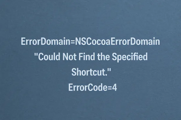 The text "ErrorDomain=NSCocoaErrorDomain 'Could Not Find the Specified Shortcut.' ErrorCode=4" displayed in white on a dark grey background.