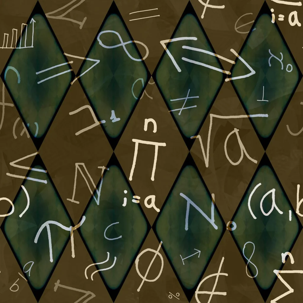 A dark, rustic background patterned with interlocking dark green diamond shapes. Overlaid on both the diamonds and the background are numerous hand-drawn white mathematical and scientific symbols, including sum (sigma) notation, integral signs, infinity symbols, pi, square roots, and various equations, creating a complex and academic visual.