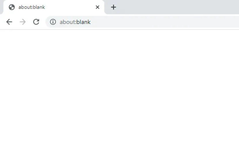 A screenshot of a Google Chrome browser window showing "about:blank" in the address bar and a completely white, empty page.