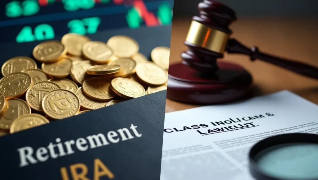 A split image visually representing the themes of retirement investments and legal action: on the left, golden coins and a document reading "Retirement IRA" are seen against a blurred stock market graph; on the right, a dark wooden gavel rests on a "CLASS INQUIRIES & LAWSUIT" document, symbolizing the legal dispute.