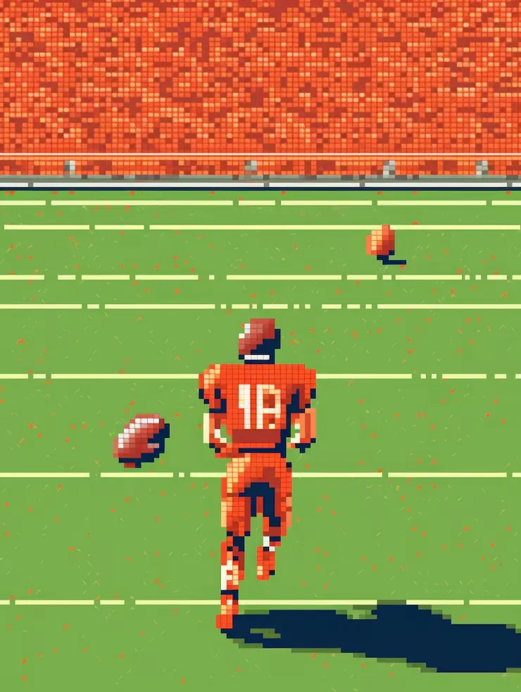 A pixelated, 8-bit style image of an American football player with the number 18 on his jersey, running on a green field with a red stadium in the background.