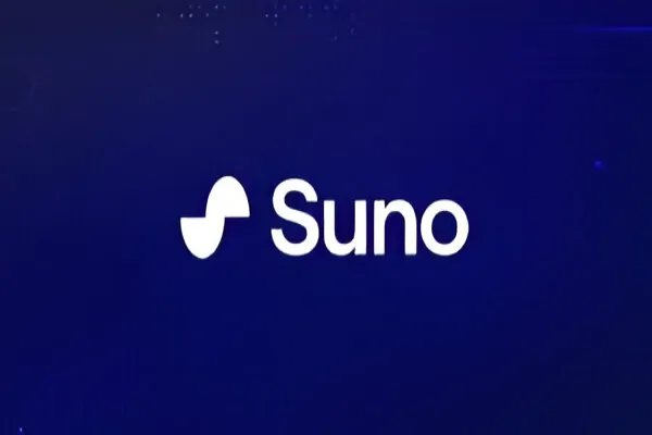 The Suno AI logo displayed in white against a dark blue background with subtle, futuristic-looking speckles and light streaks. The stylized musical note icon is on the left, followed by the word "Suno" in a clean, modern font.