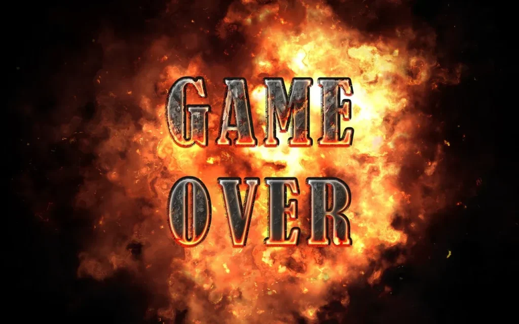 The words "GAME OVER" in textured, fiery letters against a backdrop of a dynamic explosion of orange and yellow flames and smoke.