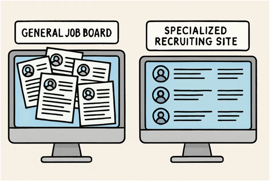 A simple, illustrative cartoon showing two computer monitors. The left monitor, labeled "GENERAL JOB BOARD," displays many identical resumes, while the right monitor, labeled "SPECIALIZED RECRUITING SITE," shows a focused list of three distinct candidate profiles.