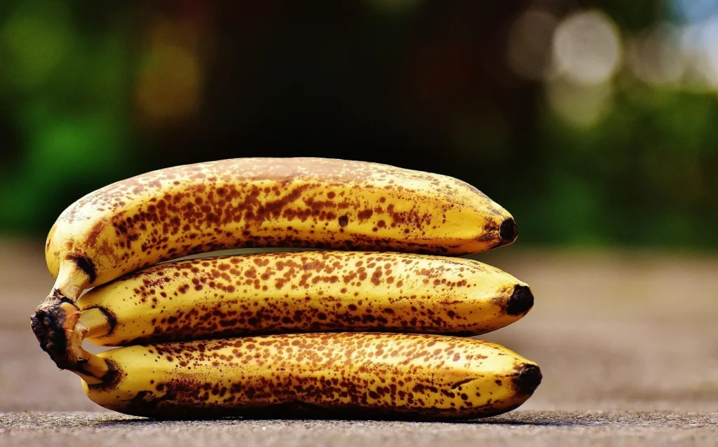 Close-up banana bunch with brown spots