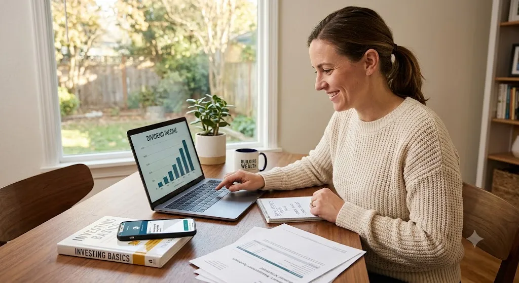 A woman in a cream sweater smiling at a laptop displaying a "DIVIDEND INCOME" chart, representing passive income generation.