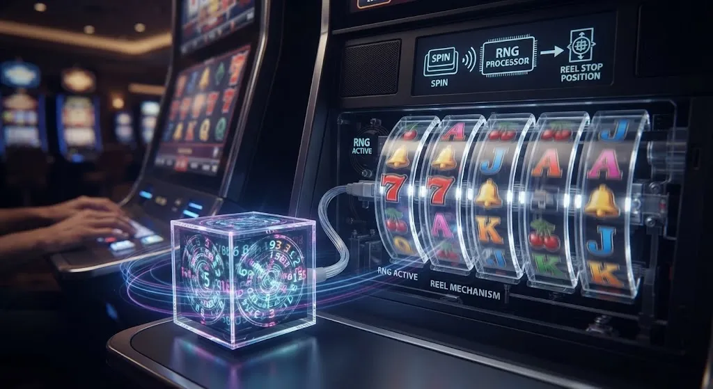 A detailed technical visualization shows the internal workings of a slot machine. A glowing, translucent cube labeled "RNG PROCESSOR" (Random Number Generator) sits in the foreground, analyzing a digital code. Fiber optic cables connect it to a vertical stack of transparent, spinning digital reels on the right, which are actively displaying symbols like cherries, bells, and sevens. A diagram above the reels confirms the process: SPIN -> RNG PROCESSOR -> REEL STOP POSITION. In the blurred background, a person's hands are on a slot machine control panel in a modern casino.