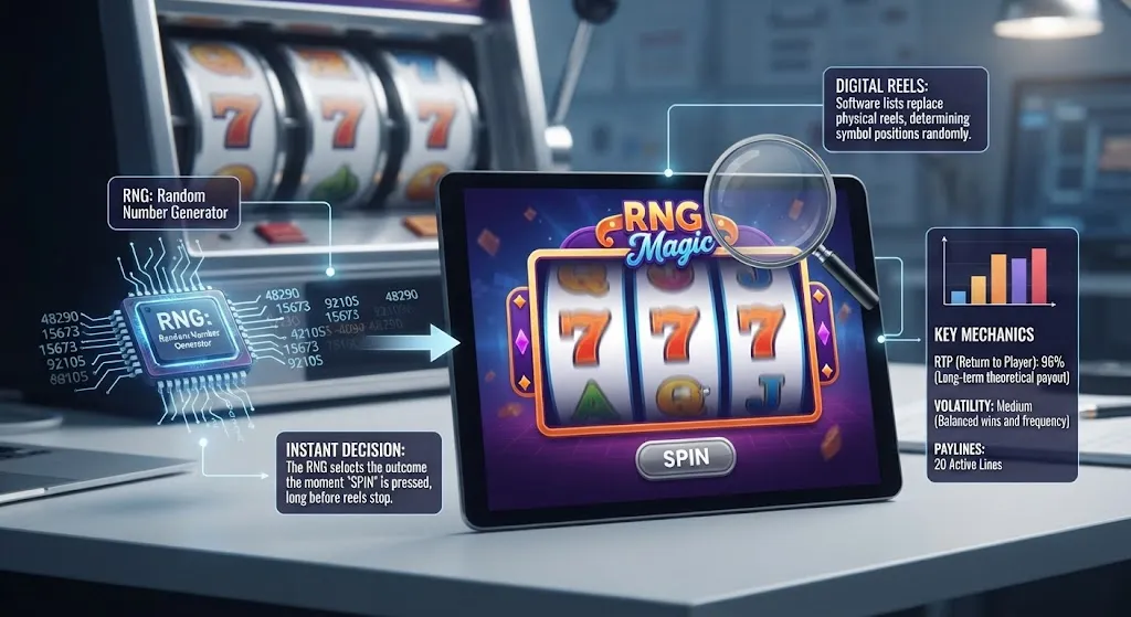 An illustrative infographic showing how slot machine mechanics work, featuring a digital tablet displaying an online slot game, a glowing Random Number Generator (RNG) microchip processor, digital reels, and statistical breakdown panels explaining RTP, volatility, and instant decision-making.