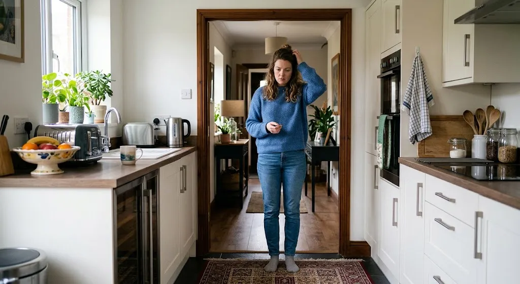 A woman wearing a blue sweater and jeans stands in the middle of a doorway leading into a kitchen, scratching her head with a confused expression as if she forgot why she walked in.