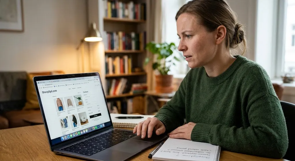 A thoughtful woman sitting at a desk studying an online store page on her laptop screen while taking notes in a spiral pad to check website legitimacy.